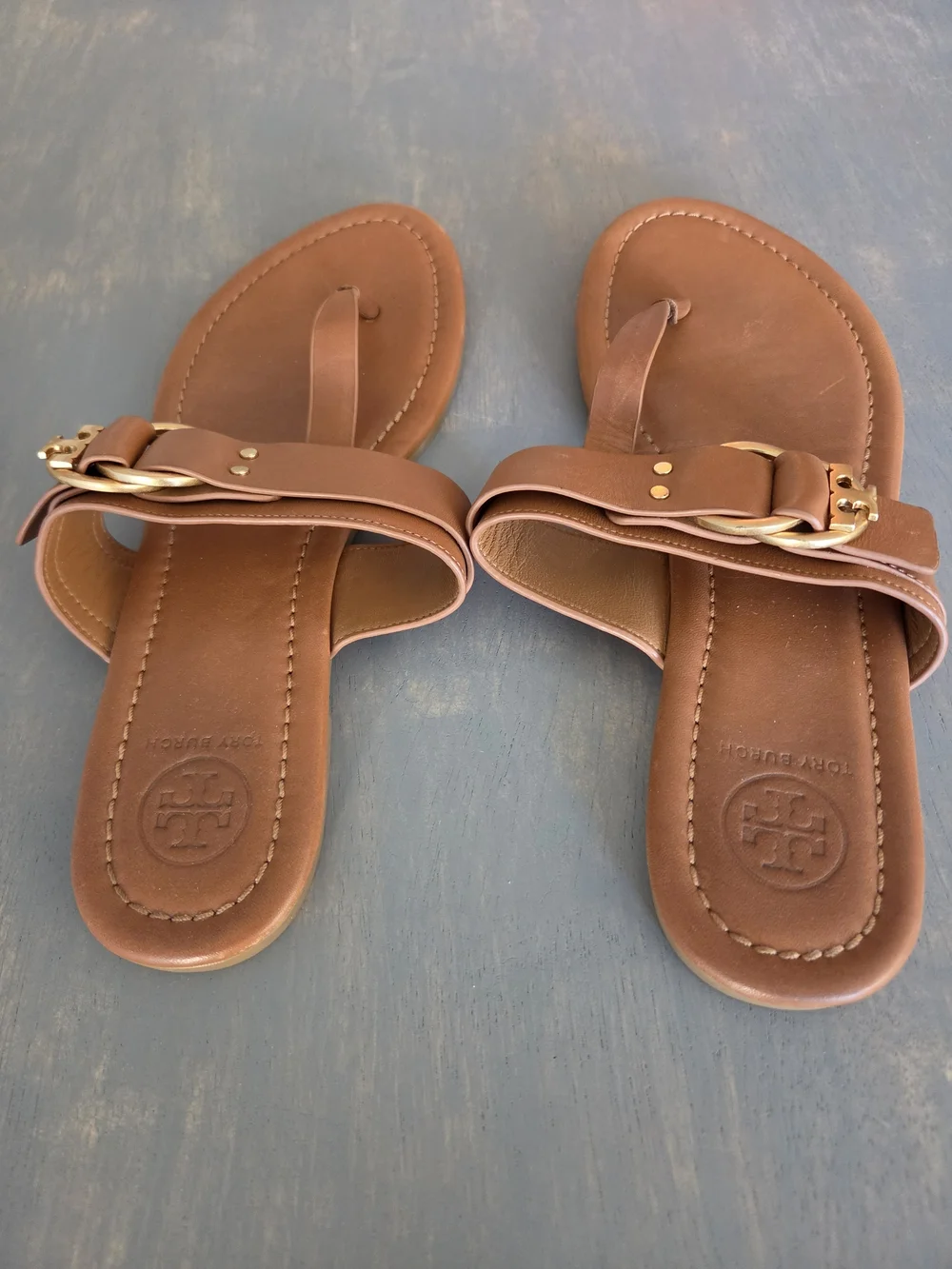 Tory Burch Brown Leather Thong Sandals with Gold Buckle